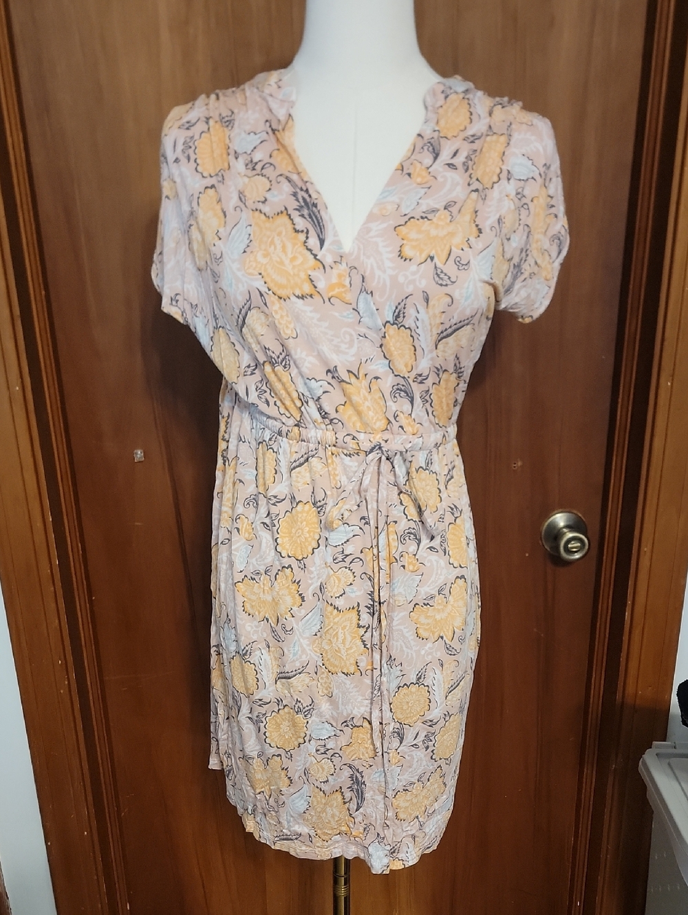 Floral Tie-Waist V-Neck Dress in Pale Pink and Orange
